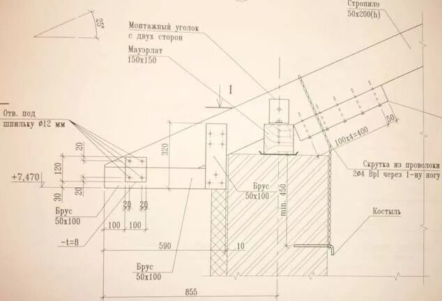 Узел опирания стропил на мауэрлат чертеж. Мауэрлат чертеж узла. Узел опирания стропил. Узел опирания кровли на стену.