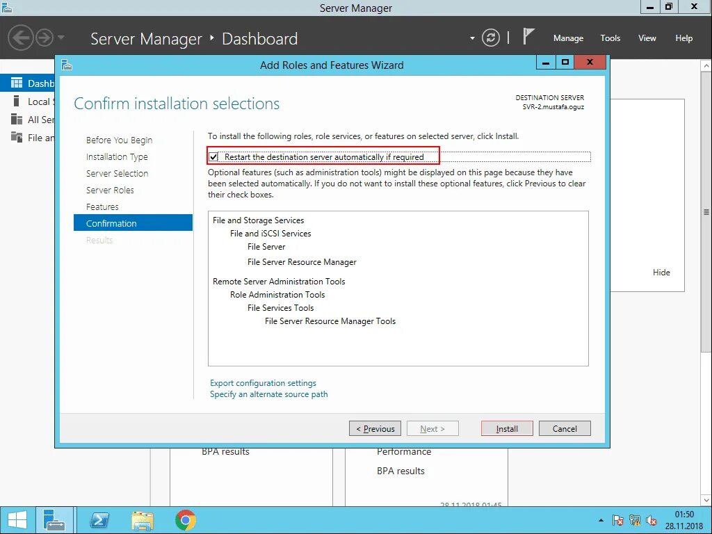 Installation was started. DFS. Windows Administrative Tools DHCP. Windows DFS. Certification Authority и Certification Authority web Enrollment.