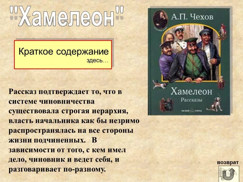 Краткие содержания произведений 7 класс. Хамелеон Чехов краткое содержание. Хамелеон Чехов краткое. Рассказ хамелеон краткое содержание.