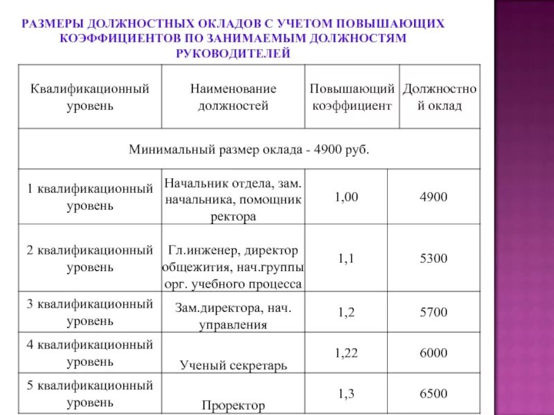 Должностной оклад устанавливается в соответствии. Коэффициент заработной платы. коэффициент должностного оклада. повышающий коэффициент к должностному окладу. квалификационные уровни должностей.