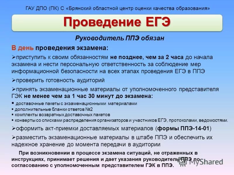 Время начала проведения экзамена в ппэ выберите