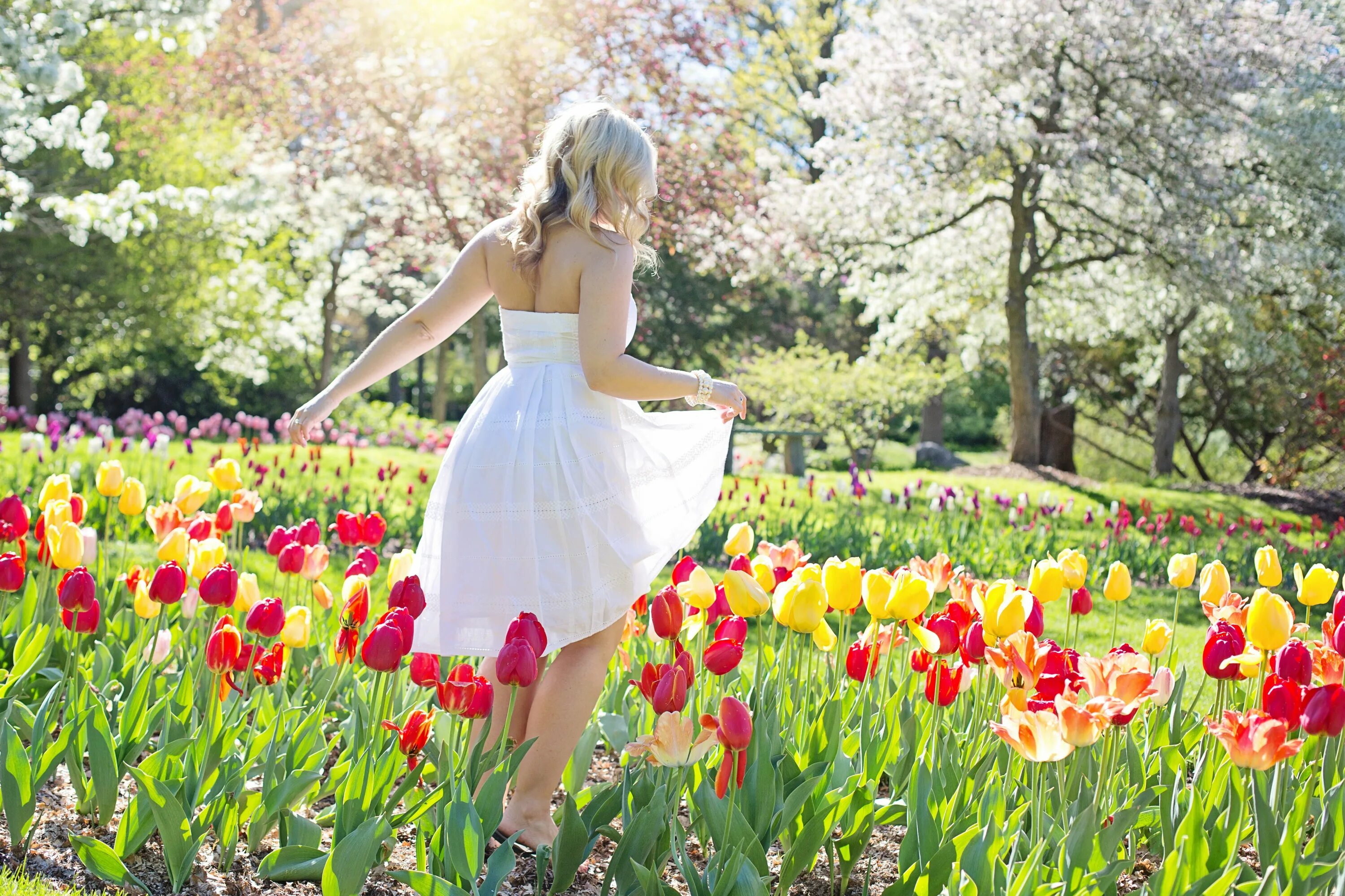 Весенняя девушка. Тюльпаны в саду. Девушка с весенними цветами. Цвет настроения весенний