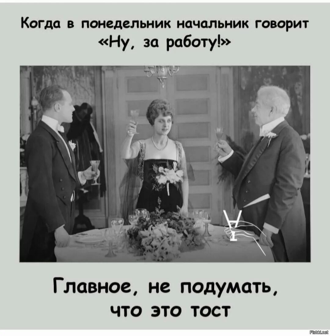 Подумаешь перепутала. Когда в понедельник начальник говорит. За работу тост. Когда начальник говорит ну за работу главное не подумать что это тост. Тост за понедельник.