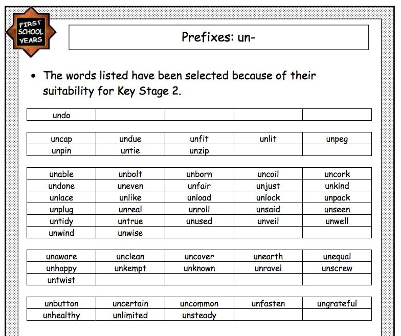 Префикс un. Prefix list. Prefixes Words. Список un.