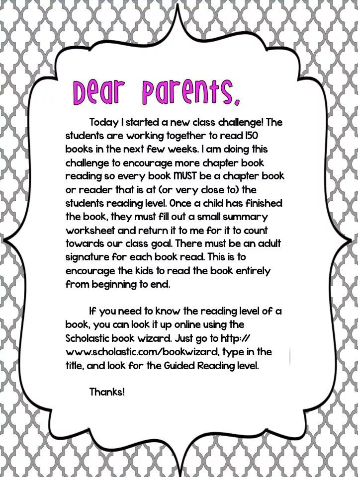 A Letter to parents from a teacher. Reading Challenge. Book week Letter to parents. Letter to parents about last week.