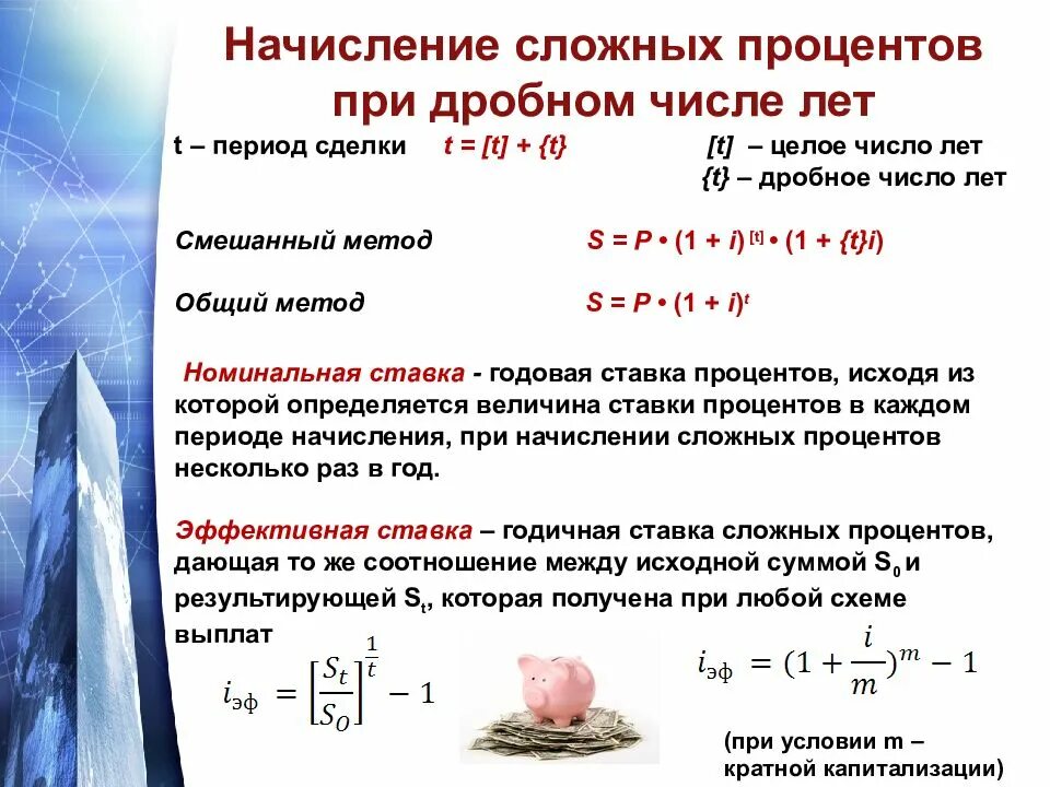 Начисление процентов по сложным ставкам. Начисление процентов при дробном числе лет. Начисление сложных процентов при дробном количестве лет. Сложная схема начисления процентов. Схема сложных процентов.