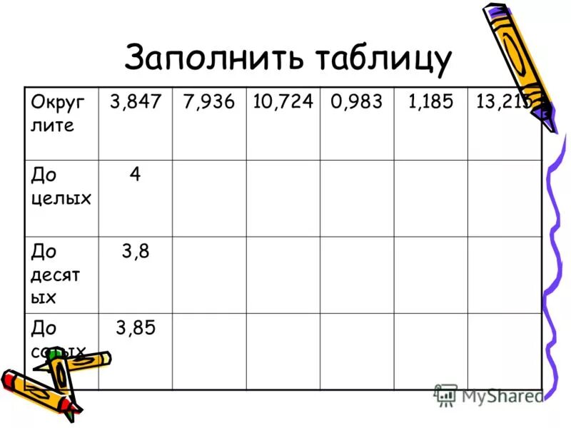 заполни таблицу натуральными числами