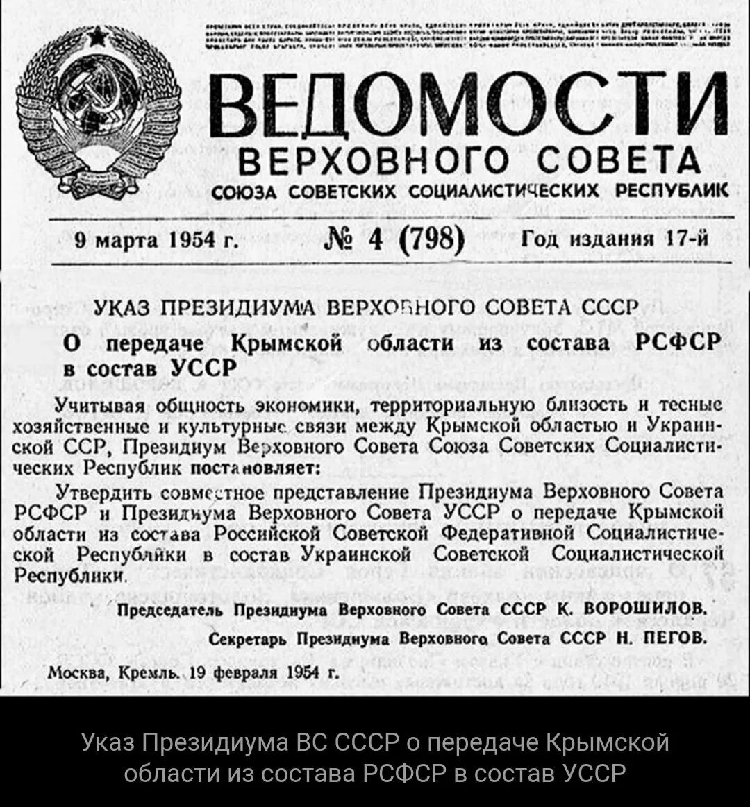 Передача крыма рсфср в усср. Верховный совет ссср состав. состав рсфср. документ о передаче крыма.