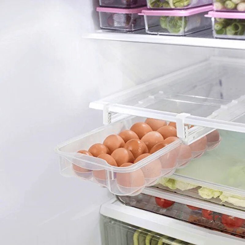 Выдвижной регулируемый контейнер для 18 яиц Smart Egg Drawer. Полка для яиц в холодильник. Контейнер для холодильника. Подвесные полки в холодильник. Холодильник для яиц купить