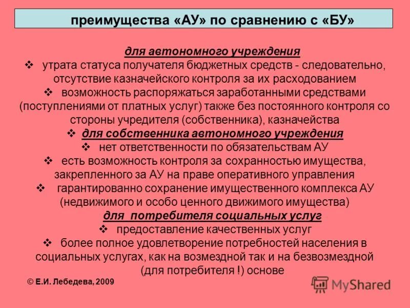 Преимущества бюджетного учреждения. Преимущества казенного учреждения. Преимущества автономной организации. Недостатки автономного учреждения.