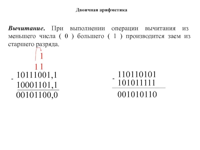 Операция двоичном коде. Двоичная арифметика. Двоичная арифметика вычитание. Арифметика двоичных чисел. Арифметическое вычитание двоичных чисел.