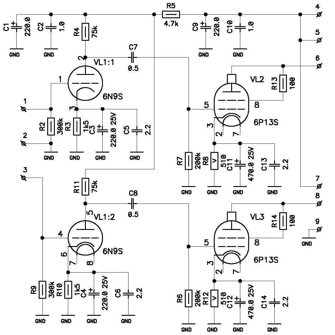 Ламповый унч схема. Ламповый усилитель 6п43п схема. Ламповый усилитель на 6п13с. Схема лампового усилителя на лампах 6п13с и 6н9с. Ламповый усилитель 6п45с двухтактный.