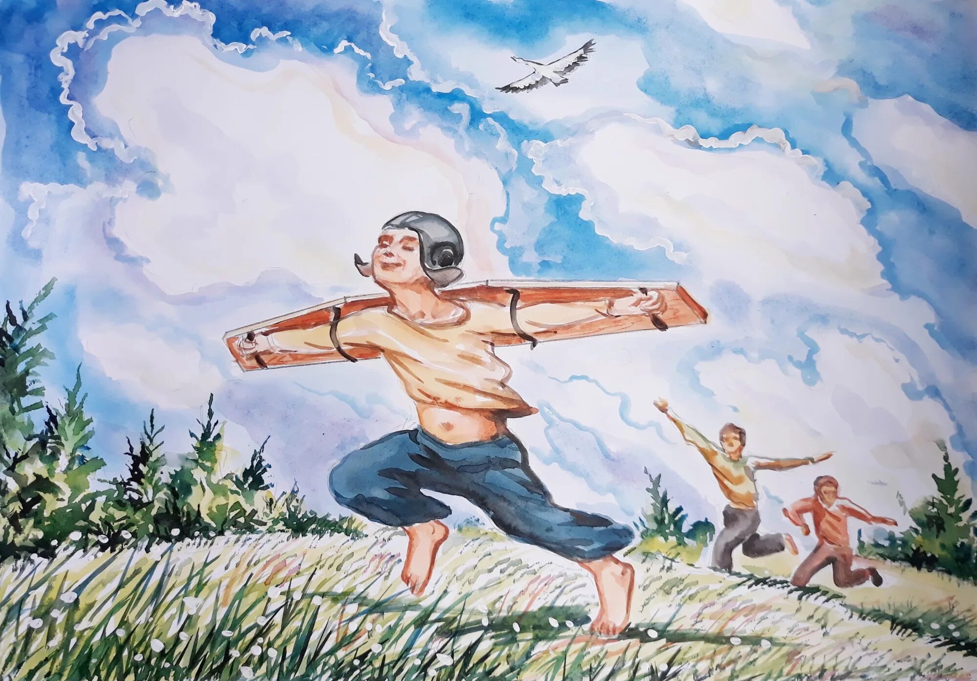 сидит на облаке. мечтающий о победе. успех в жизни человека. патриотический рисунок. мечтающий о победе.