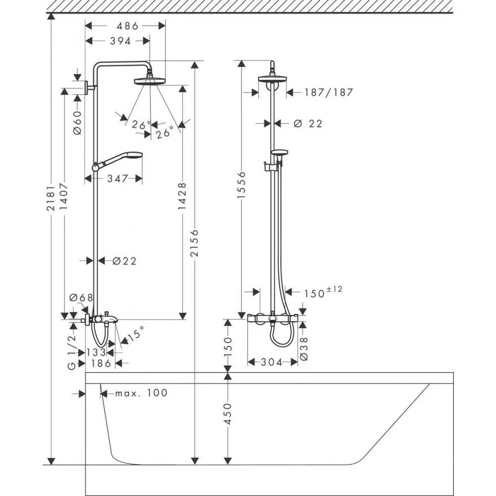 Размеры душевых смесителей. 27352400 Croma select e 180 2jet Showerpipe для ванны. 27352400 Hansgrohe. Душевая система Hansgrohe Croma select s 180 2jet Showerpipe 27351400. Душевая система Hansgrohe Croma 27351400.