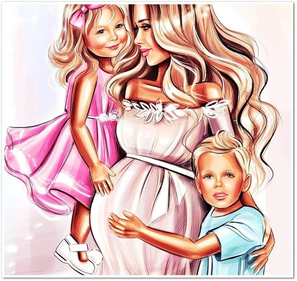 Е доче. Мама и дочка. Мама и ребенок иллюстрация. Мама с двумя детьми мультяшные. Мама и дочка рисунок.