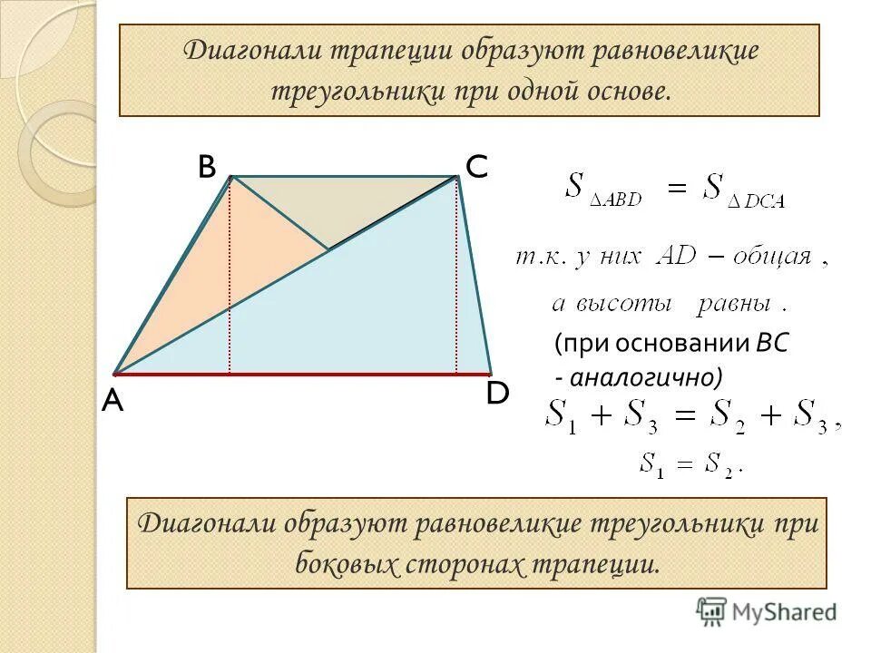 Равновеликие треугольники. Треугольники в трапеции. равновеликие треугольники в трапеции доказательство. треугольники образованные диагоналями трапеции.