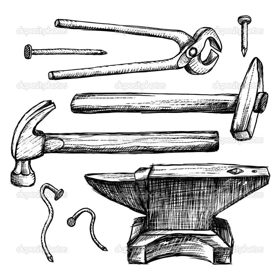 старинный кузнечный инструмент. кузнечный инструмент 19 века. старинная мастерская. наковальня кузнечная двурогая. кузница_молот_наковальня.