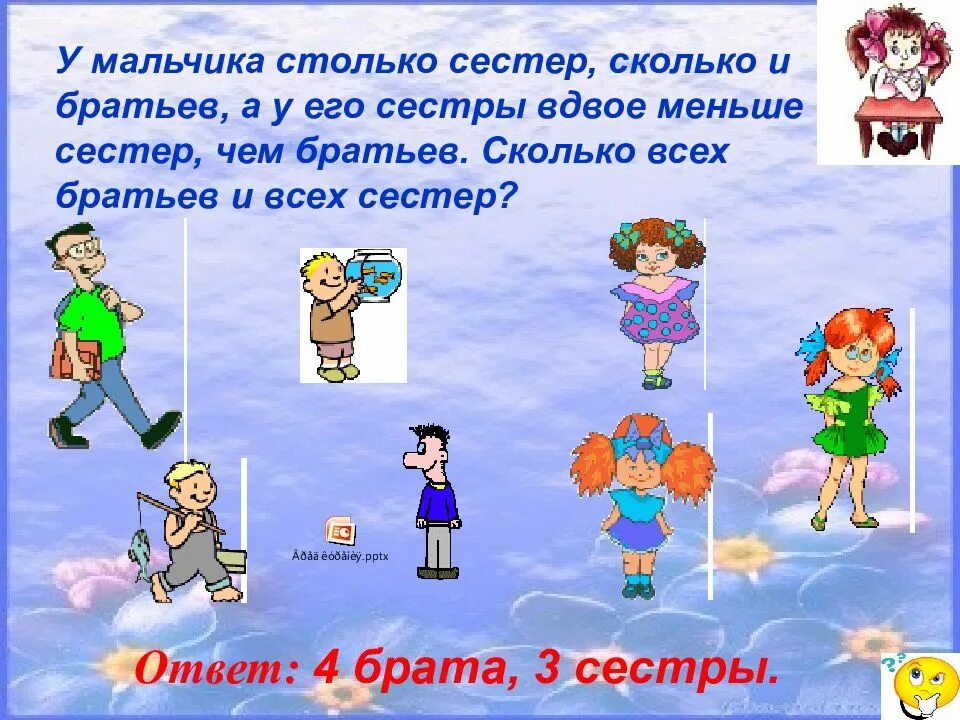 Отличаются вдвое. У мальчика сестёр столько же, сколько и братьев. Сколько братьев сколько сестер. У мальчика столько сестер сколько и братьев а у его сестры вдвое. Сколько сестер у 3 братьев.