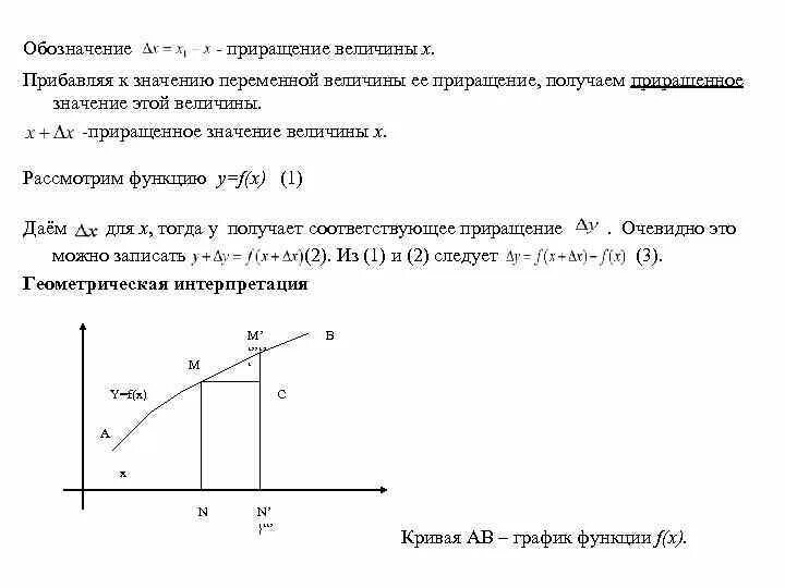 Приращение процесса. Значение приращения. Приращение функции задания. Приращение переменной. Геометрическая интерпретация предела функции в точке.