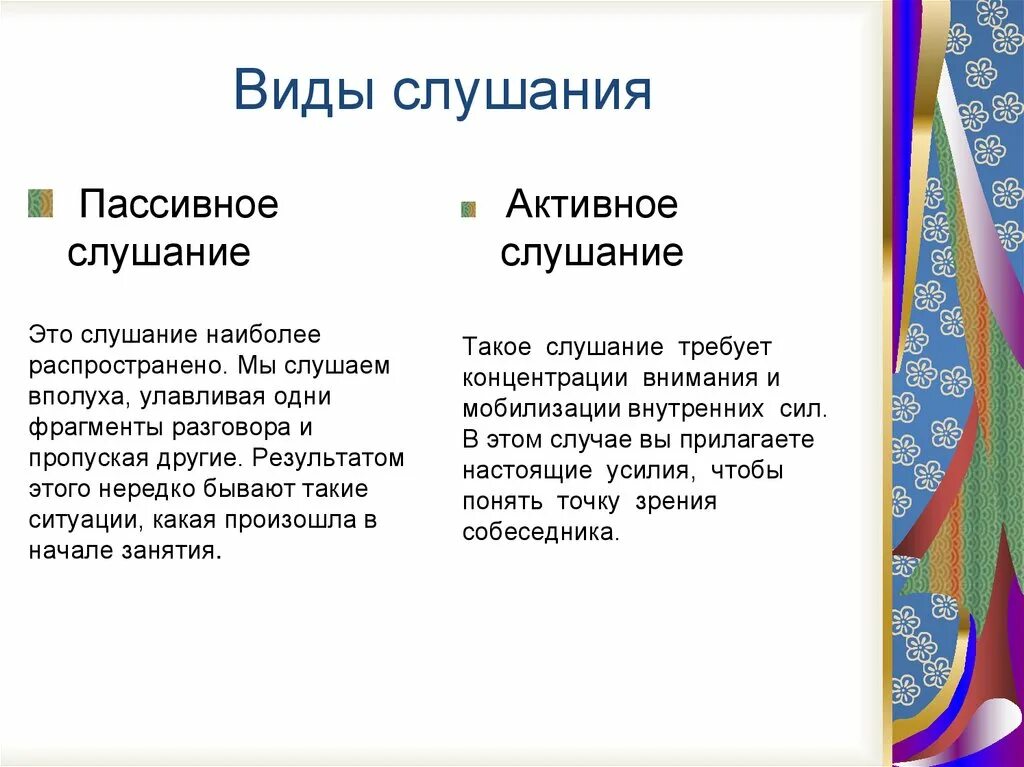 Какие виды слушания. Виды слушания активное пассивное эмпатическое. Типы активного слушания.