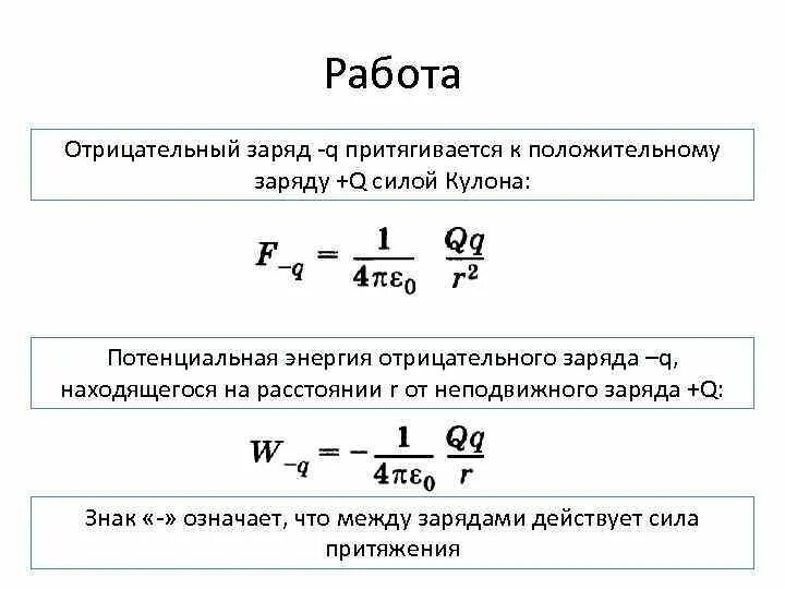 Потенциальная энергия кулоновской силы. Работа по перемещению отрицательного заряда. Работа силы кулона. Сила притяжения зарядов формула. Чему равна потенциальная энергия заряженной частицы