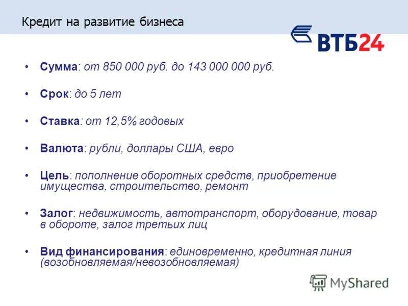 Малый бизнес сумма. Кредит на пополнение оборотных средств.