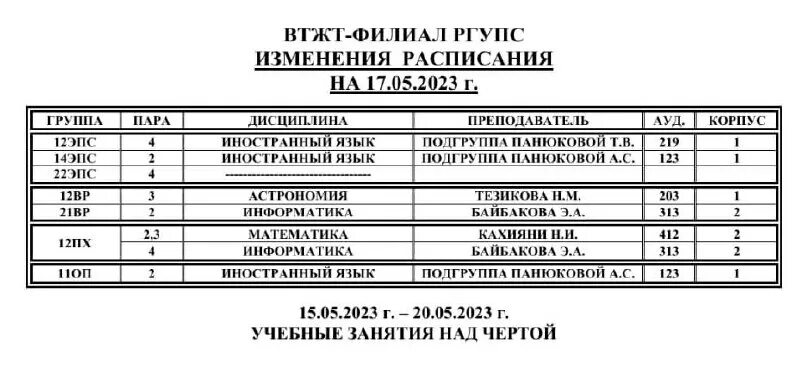 расписание ргупс в г туапсе