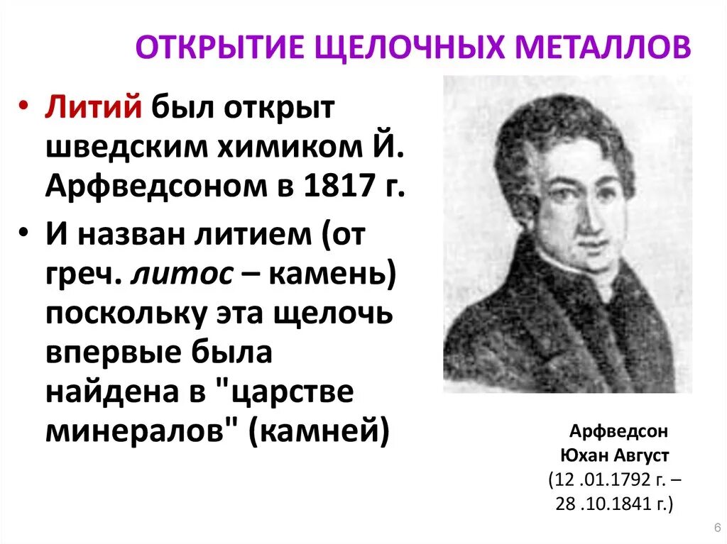 История открытия лития. История открытия металла литий. История открытия элемента лития. Шведский Химик, открывший литий в 1817г:. Открытие щелочных металлов сообщение