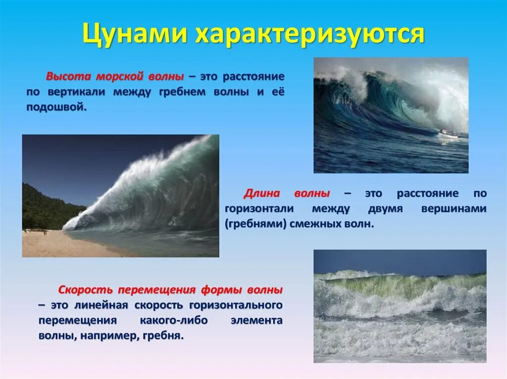 Гребень волны подошва волны. ЦУНАМИ И их характеристика. Характеристика волн ЦУНАМИ. ЦУНАМИ краткая характеристика. Характеристики морской волны.