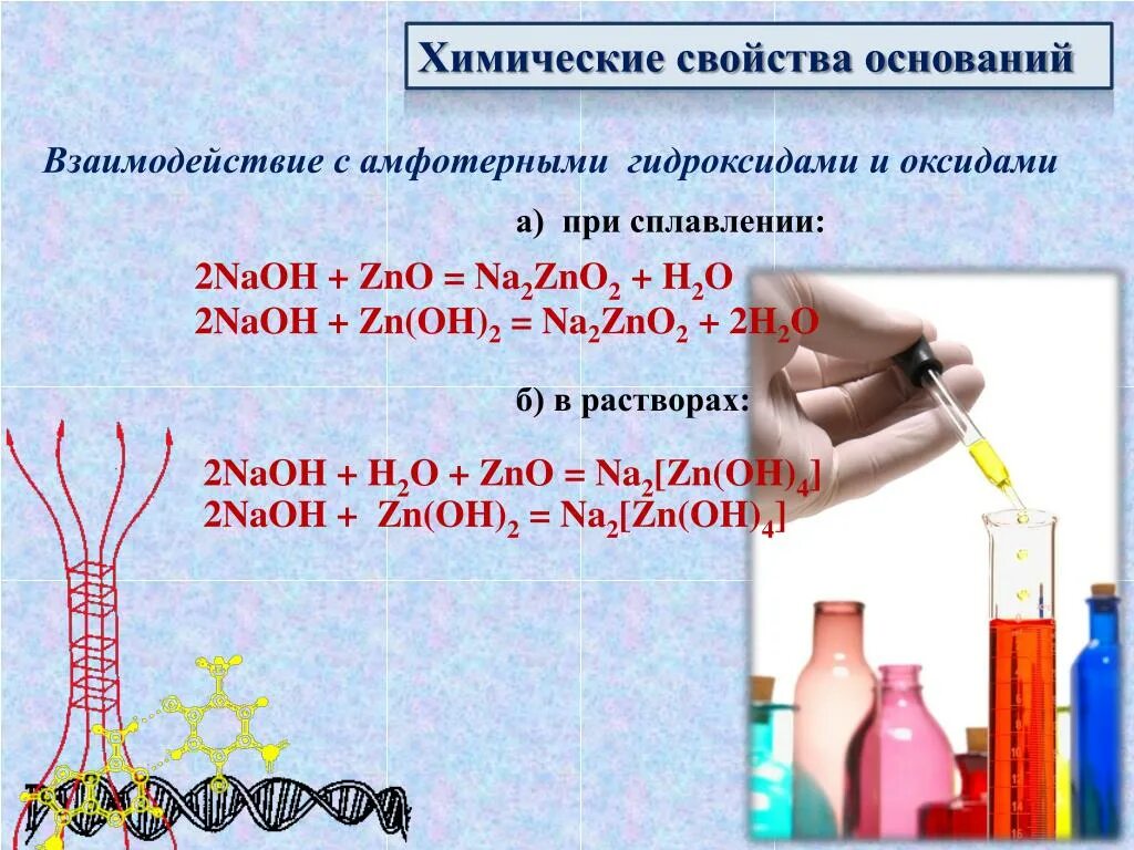 Реакция между бромом и гидроксидом натрия. Взаимодействие гидроксидов с амфотерными оксидами. Взаимодействие амфотерных гидроксидов с кислотами. Реакции взаимодействия гидроксидов и амфотерных оксидов. Химические свойства оснований.