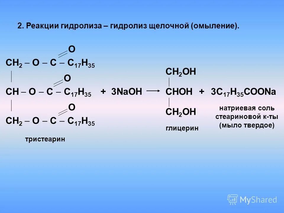 Гидролиз жира триастерина. Щелочной гидролиз тристеарина. Реакция гидролиза тристеарина. Реакция щелочного гидролиза. Условия реакции гидролиза