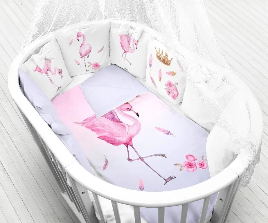 Комплект в детскую кроватку Фламинго ЕВРОТЕК. Постельное для новорожденных в кроватку. Комплект постельного белья для новорожденного в кроватку с бортиками. Бортики в овальную кроватку. Комплект постельного белья для новорожденного