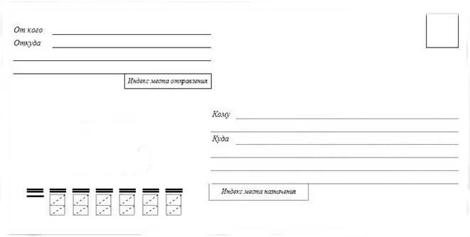 Трафарет конверта для письма. Бланк конверта. Лицевая сторона конверта. Кому куда.