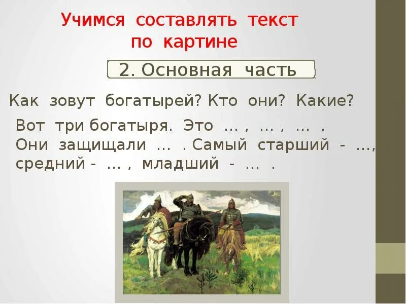 Русский язык 2 класса сочинение по картине васнецова богатыри 2 класс. Богатыри васнецов картина сочинение 2 класс. Составление рассказа по картине васнецова богатыри в старшей группе. Сочинение по картине васнецова три богатыря 2 класс школа. Рассказ о картине три богатыря васнецов.