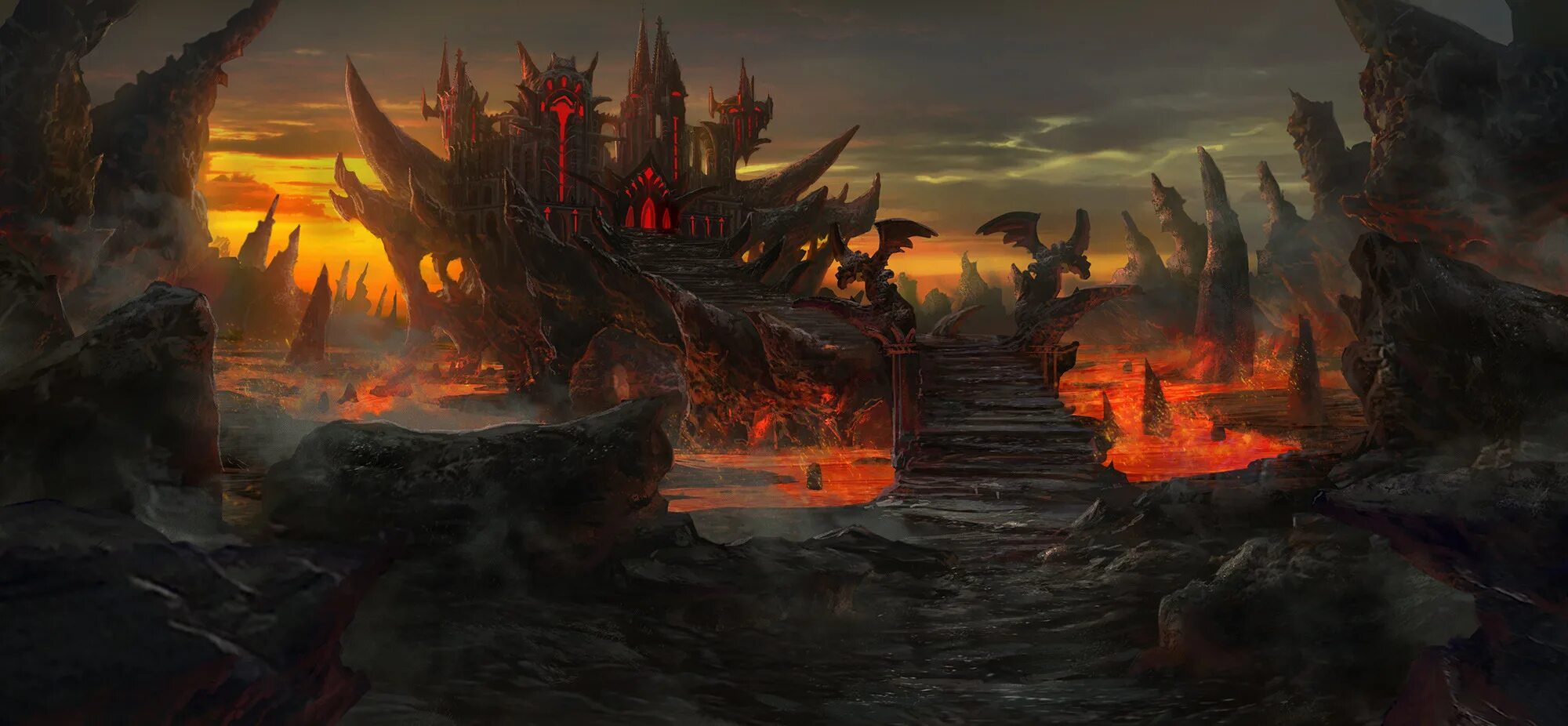 Адский замок. Демонический город. Темная цитадель фэнтези арт. Демонический замок. Feng zhu concept.