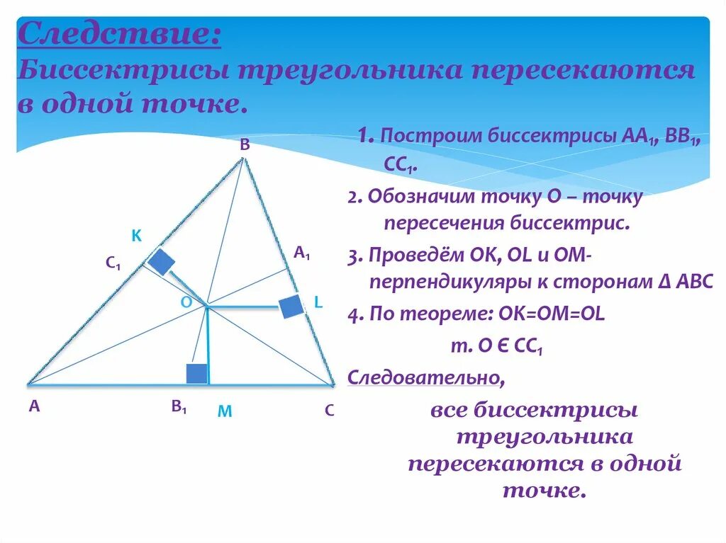 Следствие 2 биссектрисы треугольника пересекаются в одной точке. Биссектрисы прямоугольного треугольника пересекаются в одной точке. Биссектрисы треугольника пересекаются в одной. Свойство биссектрисы угла треугольника 10 класс. Любая биссектриса треугольника делит его пополам