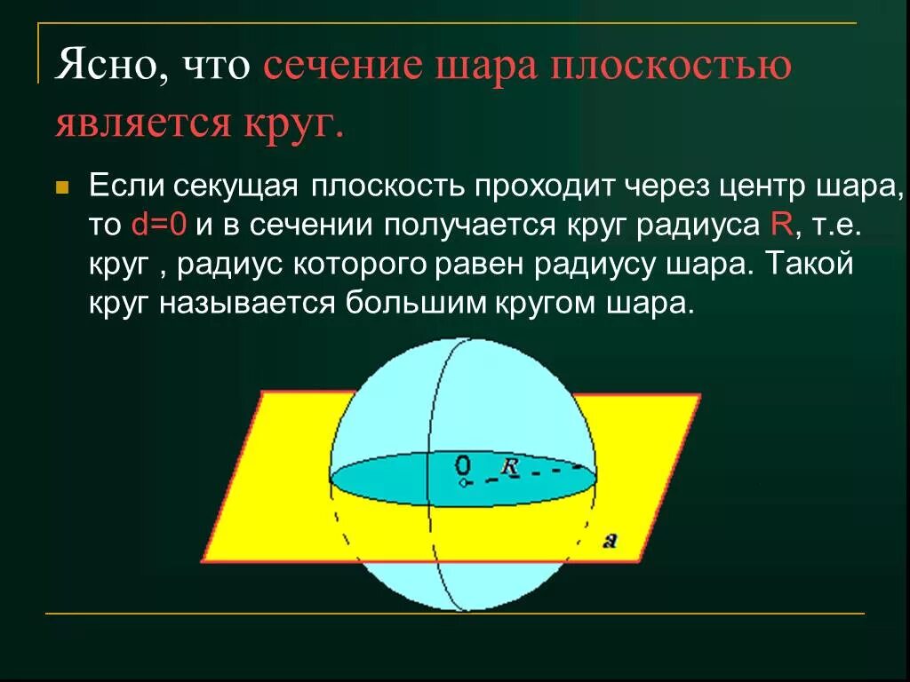 Сечением шара плоскостью является. Сечение сферы плоскостью. Что является сечением шара. Шар сечение шара плоскостью.