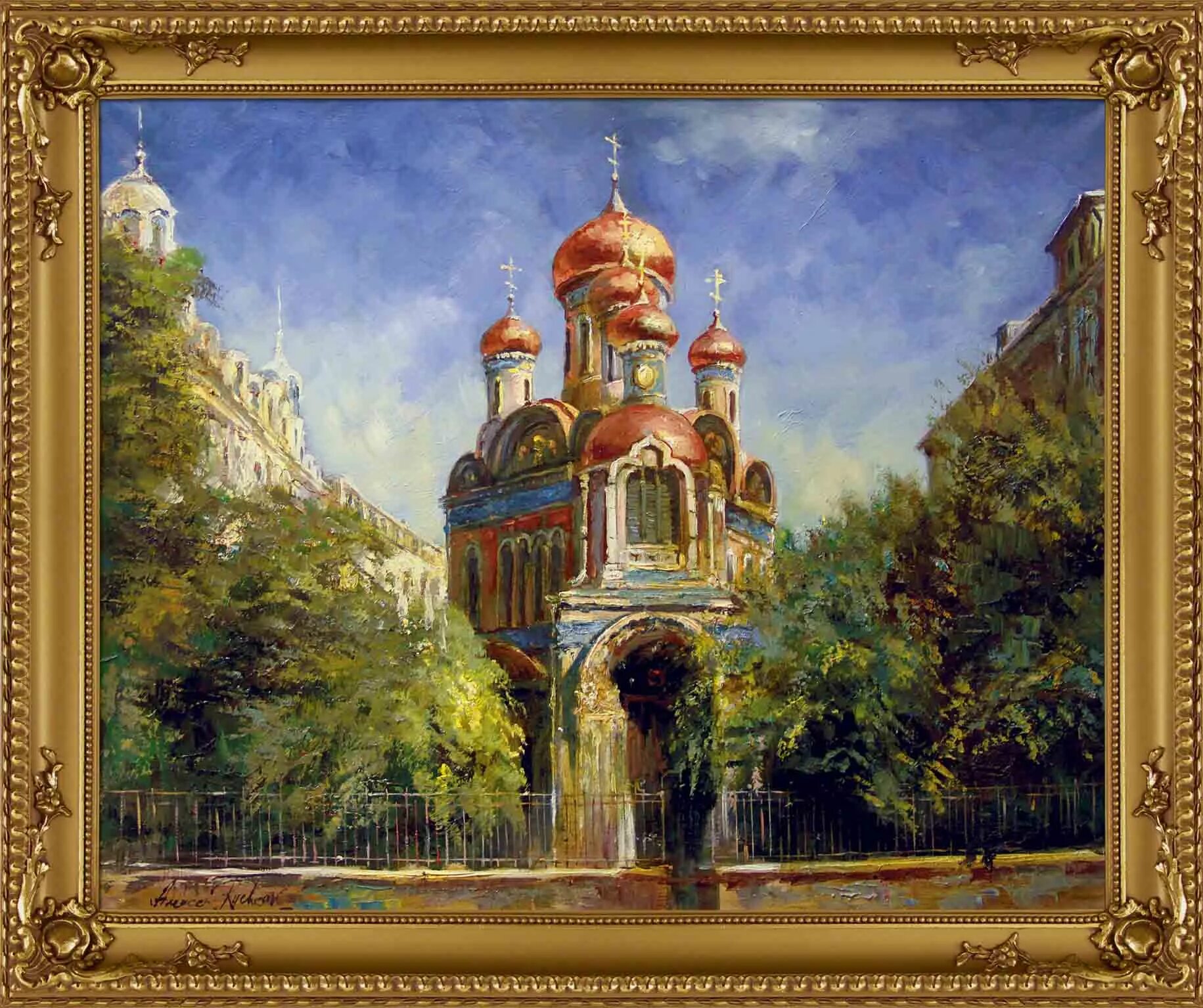 пейзаж с церковью. художник милюков александр картины, храмы. дивеевский монастырь живопись. живопись владимира маркова феодоровский собор. купола церквей в живописи.