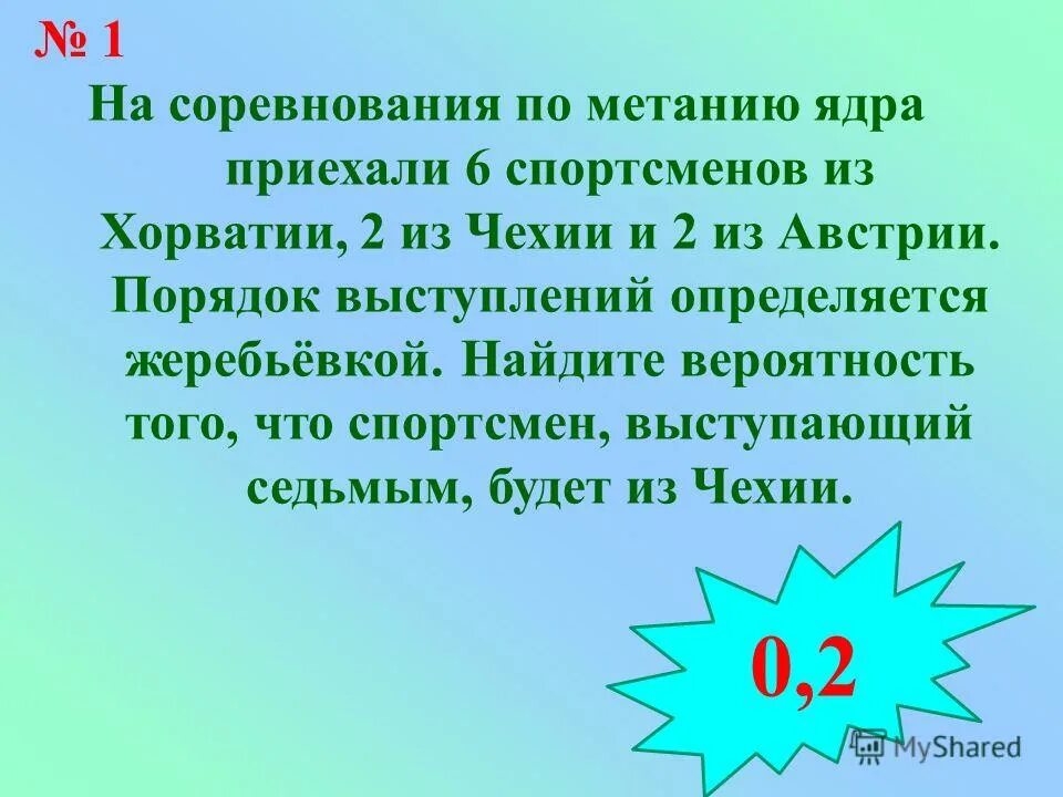 Порядок выступлений определяется жеребьевкой. Порядок выступлений определяется жеребьёвкой. на соревнования по метанию ядра приехали 5 спортсменов. соревнования по метанию ядра. вероятность выступления последним.