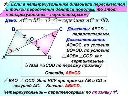 В четырехугольнике диагонали точкой пересечения делятся пополам