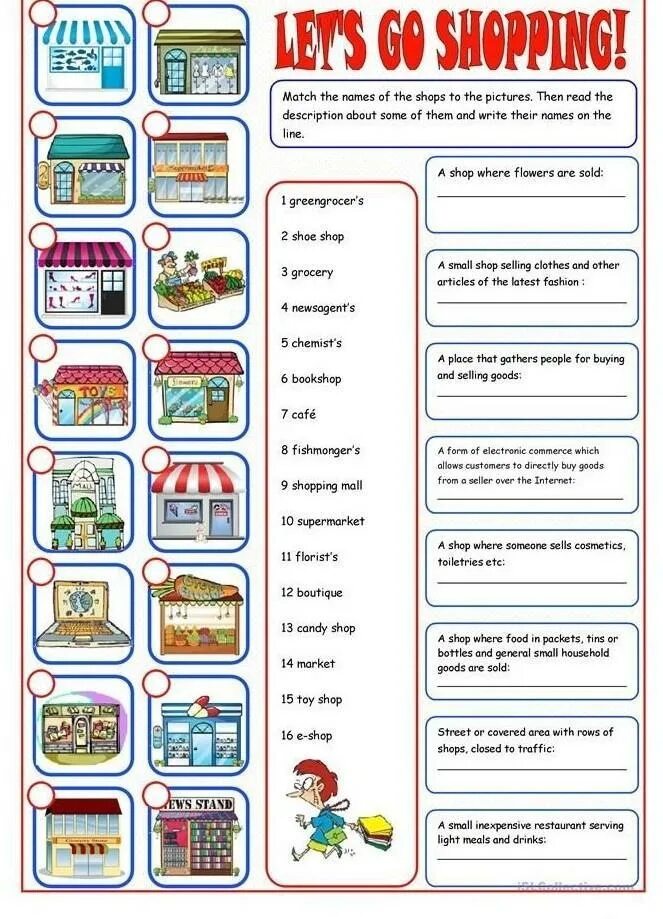 Магазины на английском задания. Английский тема shopping Worksheet. Types of shops задания. Магазины на английском языке упражнения.