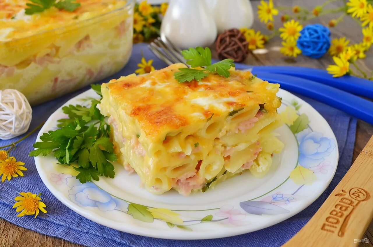 макароны с сыром и колбасой в духовке