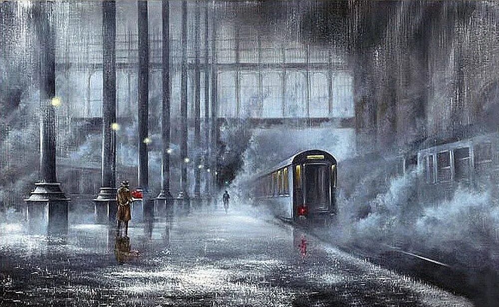 Включи станцию дождь. Художник Джефф Роуланд (Jeff Rowland). Джефф Роуланд картины поезд. Художник дождя Джефф Роуланд. Джефф Роуланд картины под дождем.