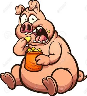 Fat pig eating chips with a surprised look on its face cartoon. 