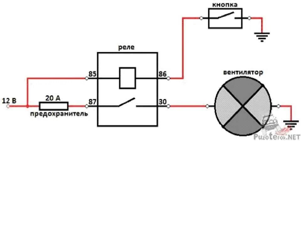 Схема вентилятора охлаждения ваз 2107. Схема подключения вентилятора охлаждения через кнопку. Схема подключения вентилятора через реле с кнопкой. Схема подключения электровентилятора через 5 контактное реле. Доп реле на вентилятор охлаждения 2110.