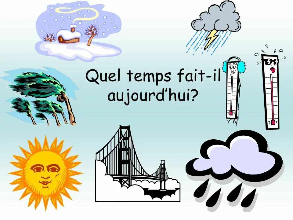 Il fait картинки для детей. Погода il fait du Soleil. Картинки il y a. Le Temps выражения про погоду. Quel temps