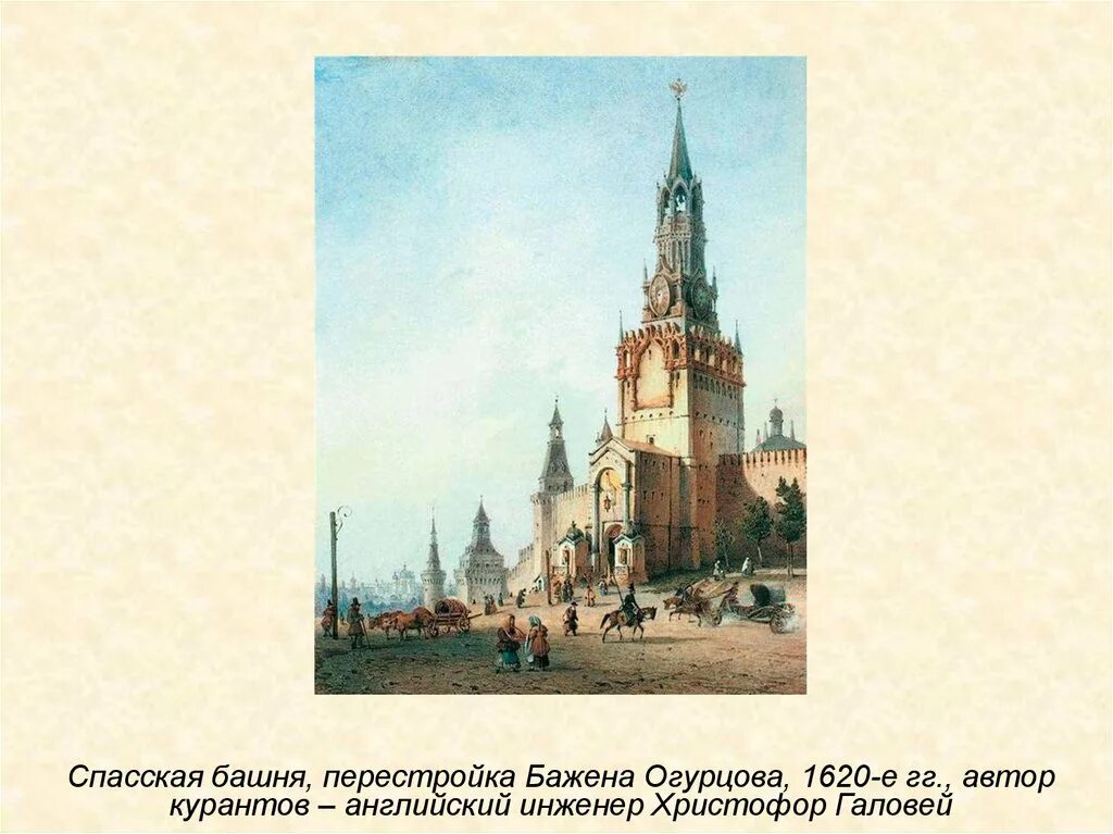 Бажен огурцов и Спасская башня. Спасская башня в 1624 года Бажен. Огурцов Бажен Архитектор 17 века. Что относится к достижениям архитектора христофора галовея