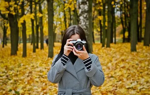 Photo wallpaper Autumn, camera, Konica, girl with a camera, Girl with a cam...