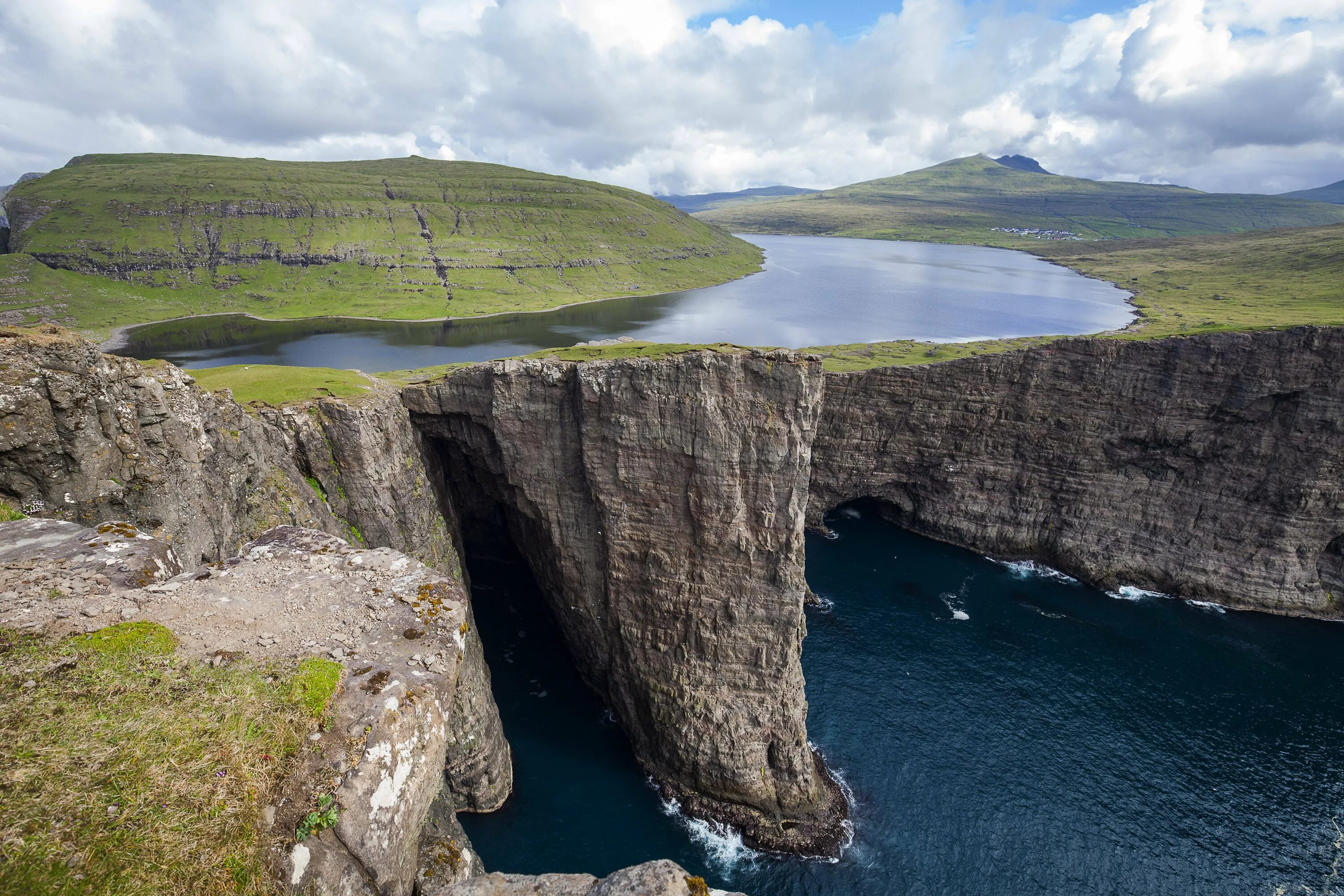 Самый большой остров в дании. Фарерские острова озеро Сорвагсватн. Фарерские острова скалы Вестмана.