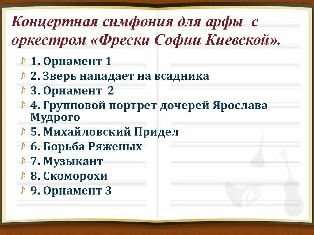 Симфония фрески Софии Киевской. Фрески Софии Киевской 9 частей. Названия частей симфонии фрески Софии Киевской. Концертная симфония фрески Софии Киевской.